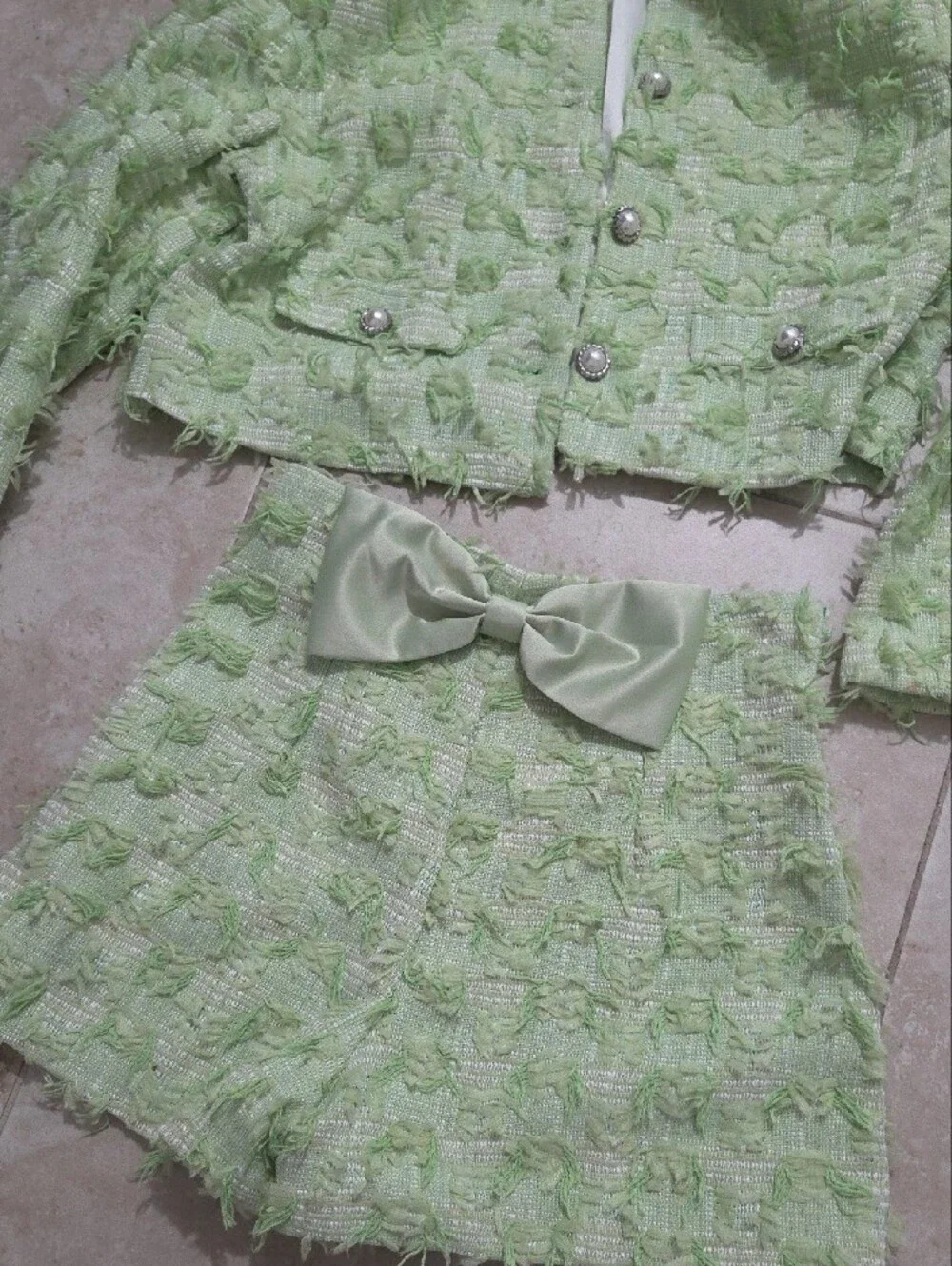 SHEIN Light Green Tweed Two-Piece Skirt Set with Pearl Buttons